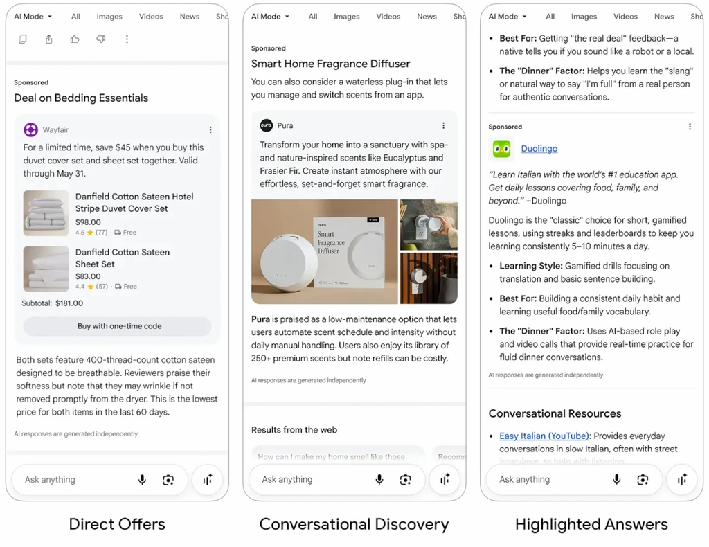 Three AI Mode screens showing Google's test ad formats: Direct Offers, Conversational Discovery and Highlighted Answers
